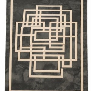 May include: A rectangular rug featuring a dark charcoal grey background with a textured, mottled appearance. The centre displays a complex, overlapping geometric pattern of light beige lines, all enclosed within a solid light beige border.