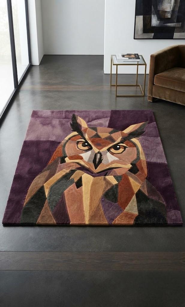 Hand Tufted Owl Rug, Geometric Animal Area Rug, Modern Mosaic Horned Owl Carpet