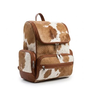 Rucksack aus Rindsleder, Reisetasche mit echtem Fell, Rucksack mit Kuhfellmuster aus echtem Leder, rustikale Western-Tasche, handgefertigt in Sialkot