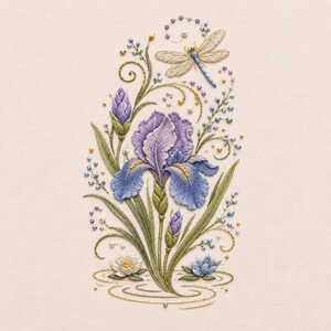 Pode incluir: Um bordado intrincado em tecido claro apresentando uma flor de íris central roxa e azul com folhas verdes, rodeada por pequenos botões florais, caules em espiral, pequenas contas azuis e uma libélula com asas delicadas no topo.
