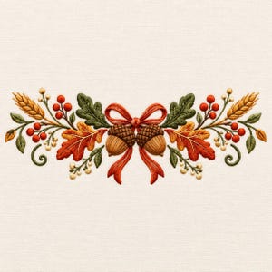 May include: An embroidery design featuring two central acorns tied with a red ribbon, flanked by symmetrical arrangements of orange and green oak leaves, golden wheat stalks, and clusters of small red berries on a light cream fabric background.