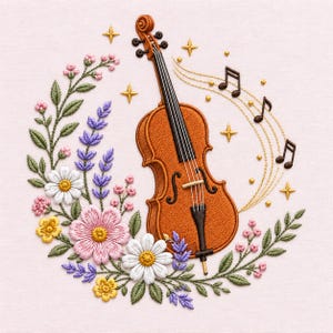 May include: An embroidery design featuring a brown violin centered among a floral wreath of white daisies, pink flowers, yellow blossoms, and purple lavender sprigs. Gold embroidered stars and musical notes float around the violin.