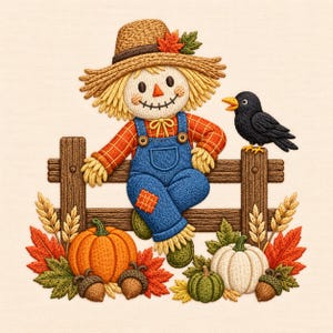 May include: An embroidered design featuring a scarecrow with a straw hat, orange plaid shirt, and blue overalls sitting on a brown wooden fence. A black crow sits on the fence. Below are orange and white pumpkins, acorns, and autumn leaves.