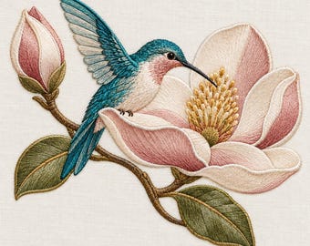 Könnte beinhalten: Ein detailliertes Stickmotiv, das einen Kolibri mit blaugrünem und weißem Gefieder auf einer großen, blassrosa Magnolienblüte zeigt. Das Design umfasst eine geschlossene Magnolienknospe, grüne Blätter und einen braunen Zweig aus Stickgarn.