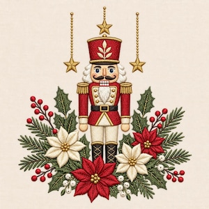 May include: An embroidered nutcracker figure in a red and gold uniform, centered above a festive arrangement of green holly leaves, red berries, white berries, and red and white poinsettia flowers, accented by three hanging gold stars.