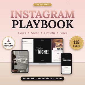 May include: The Ultimate Instagram Playbook digital guide featuring 118 pages, printable worksheets, and instant download. The cover displays the title with sections for goals, niche, growth, and sales, shown on a laptop, tablet, and smartphone screen.