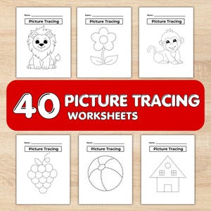 May include: A set of 40 picture tracing worksheets featuring black and white dotted outlines of a lion, flower, monkey, grapes, beach ball, and house. Each page includes a name line and the text Picture Tracing at the top of the white paper.