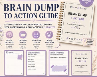 May include: A printable mental health planner titled Brain Dump to Action Guide. The set includes a 13-page PDF with a spiral-bound notebook, category sorter, action converter, and brain dump pages in a purple and white color scheme.