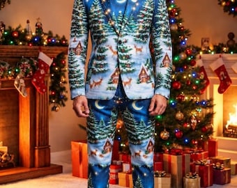 Traje navideño para hombre, traje blanco estampado de país de las maravillas invernal, blazer y pantalón festivos, traje original para fiestas navideñas, ropa de hombre a medida.