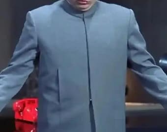 Dr. Evil Gray Suit Costume, Austin Powers Inspired Villain Cosplay Outfit, Men's High Collar Jacket and Pants, Halloween Party Costume