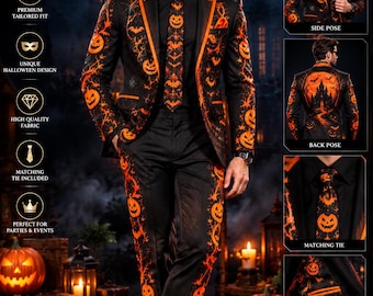 Men's Halloween Formal Suit | Spooky Castle, Jack-o'-Lantern Print (Orange Satin Lining)