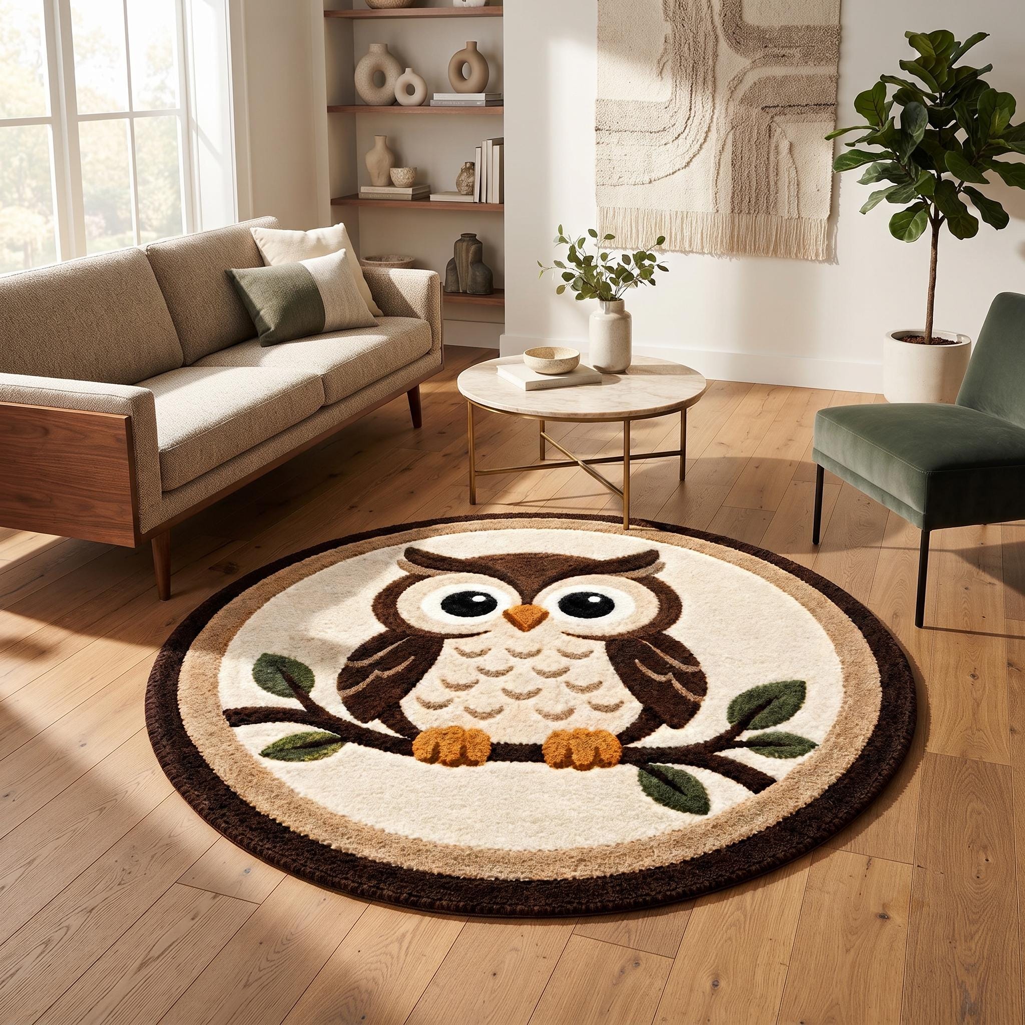 Owl Tufted Rug, Round Woodland Animal Carpet, Brown Beige Nature Rug, Kids Room Decor, Nursery Rug,