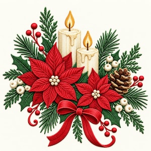 May include: A festive holiday arrangement featuring two cream-colored candles with glowing yellow flames, surrounded by vibrant red poinsettia flowers, green pine needles, holly leaves, white berries, a brown pinecone, and a red ribbon bow.