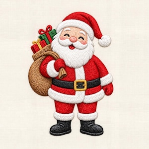 May include: An embroidered patch of Santa Claus wearing a red suit with white fur trim, a black belt with a gold buckle, and black boots. Santa has a white beard and carries a brown burlap sack filled with red and green wrapped gift boxes.