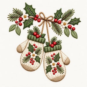 May include: A pair of cream-colored knit mittens featuring green ribbed cuffs and embroidered holly motifs with red berries and white flowers. The mittens are suspended by a brown twine bow, accented with additional holly sprigs and pine needles.