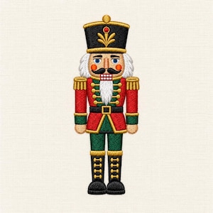 Julnötknäpparbroderidesign, klassisk julsoldat i rött, grönt och guld, traditionellt maskinbroderi