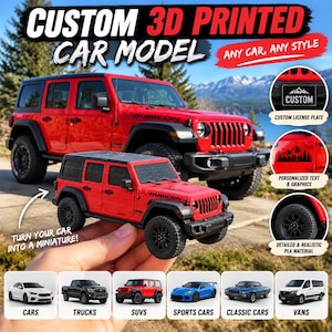 Può includere: Un modellino rosso di Jeep Rubicon stampato in 3D tenuto in mano, con ruote e finiture nere. L'immagine include il testo: CUSTOM 3D PRINTED CAR MODEL, ANY CAR, ANY STYLE, CUSTOM, TURN YOUR CAR INTO A MINIATURE e vari tipi di veicoli.