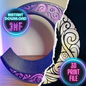 May include: A crescent-shaped 3D print file with a decorative design. The object is primarily dark blue with a purple and silver filigree pattern. The text "Instant Download .3MF" and "3D Print File" are displayed in neon circles.