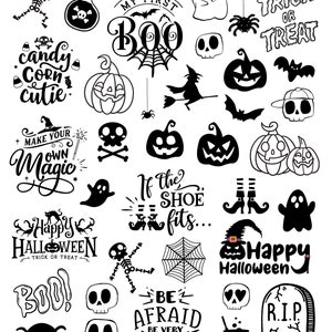 Könnte beinhalten: Schwarzweißes Halloween-Clipart-Set mit verschiedenen gruseligen und niedlichen Designs, darunter Geister, Kürbisse, Fledermäuse, Spinnen, Skelette, Maisbonbons und Textphrasen wie "Trick or Treat", "Boo", "Happy Halloween" und "Make Your Own Magic".
