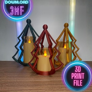 May include: Three Christmas tree-shaped candle holders in green, red, and gold. Each holder has a cylindrical glass with a flameless candle inside. The image includes text that says "INSTANT DOWNLOAD .3MF" and "3D PRINT FILE".