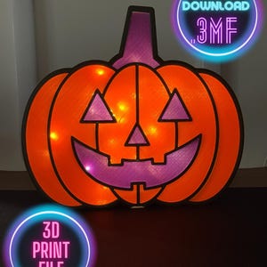 May include: An orange and purple pumpkin-shaped decoration with a smiling face and internal lights. The pumpkin has a stem and face cutouts. The image includes the text "INSTANT DOWNLOAD .3MF" and "3D PRINT FILE".