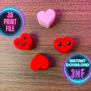 May include: A collection of 3D-printed heart-shaped objects in red and pink, some with smiling faces. The image includes text that says "3D PRINT FILE" and "INSTANT DOWNLOAD .3MF" in a neon-style circle.