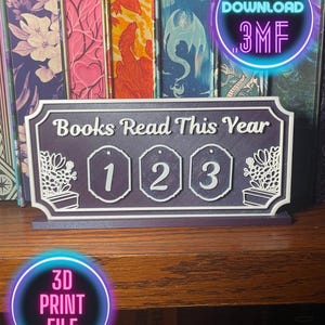 May include: A purple and white 3D-printed sign with the text "Books Read This Year." The sign features three numbered tags: 1, 2, and 3. It is decorated with floral designs and is displayed on a wooden shelf in front of a bookshelf.