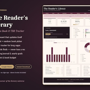 May include: A digital book and TBR tracker dashboard titled The Reader's Library, featuring charts, reading statistics, and book lists. The interface uses a dark purple and cream color scheme with text elements for Excel and Google Sheets.