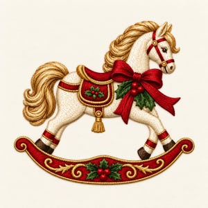 Julgunghästbroderidesign, vintagehäst med röd rosett och järnek, maskinbroderifil, klassiskt julleksaksmönster