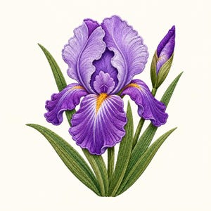 Broderidesign med lila irisblomma, elegant botanisk blommig blomning, maskinbroderimönster för trädgård för vårdekor