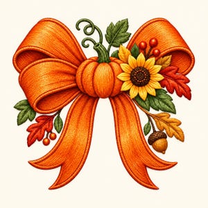 Fall Pumpkin Bow Machine Embroidery Design, Orange Ribbon with Sunflower, Autumn Leaves, Acorn, Berries and Harvest Floral Accent