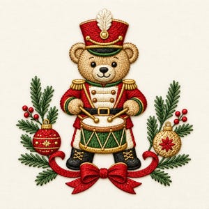 May include: An embroidered patch featuring a tan teddy bear dressed as a nutcracker soldier in a red uniform with gold accents, playing a green and gold drum. The bear is framed by green pine branches, red berries, two ornaments, and a red bow.