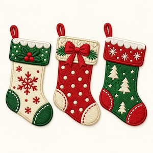May include: Three embroidered Christmas stocking patches with hanging loops. The first is cream with a green cuff, holly, and a red snowflake. The second is red with white polka dots and a cream cuff with a red bow. The third is green with white trees and a red cuff.
