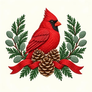 Op de afbeelding: Een geborduurd ontwerp met een levendige rode kardinaalvogel met een zwart gezichtsmasker, gecentreerd boven drie bruine dennenappels. De vogel wordt omlijst door groene groenblijvende takjes en eucalyptusbladeren, geaccentueerd door een rood lint.