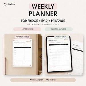 Puede incluir: Un paquete digital de planificador semanal con el texto WEEKLY PLANNER FOR FRIDGE + IPAD + PRINTABLE. El conjunto incluye un tablero imprimible para nevera y una versión digital para iPad, ambos con un diseño limpio en blanco y negro.