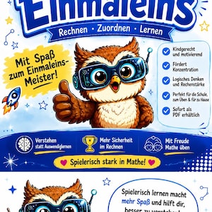 Könnte beinhalten: Ein Plakat mit dem Titel Das Einmaleins, das eine braune Eule mit futuristischer blauer Brille zeigt. Die Eule zeigt einen Daumen hoch und hält einen Zeigestock. Das Design enthält Text, Sterne, eine Rakete und ein Pokal-Symbol auf weißem Grund.
