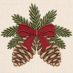 Diseño de bordado a máquina de piñas navideñas color burdeos con lazo y hojas perennes (archivo digital descargable).