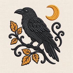 May include: An embroidery design featuring a black crow perched on a branch with orange leaves. The crow faces left, and a golden-orange crescent moon is positioned in the upper right corner. The design includes black swirling vine accents.