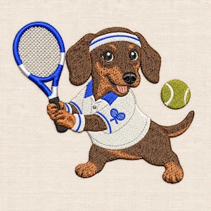 May include: An embroidered patch featuring a brown dachshund wearing a white tennis shirt with a blue collar and a matching headband. The dog holds a blue tennis racket in its paws, and a yellow-green tennis ball is positioned to the right.
