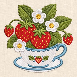May include: An embroidery design featuring a white teacup and saucer with a blue rim, decorated with a small strawberry motif. The cup is overflowing with vibrant red strawberries, green leaves, and white flowers with yellow centers.