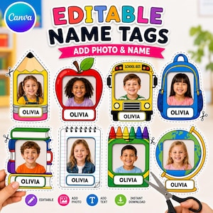 Op de afbeelding: Een digitaal sjabloon voor bewerkbare naamkaartjes met schoolthema-frames zoals een potlood, appel, schoolbus, rugzak, boeken, notitieblok, kleurpotloden en wereldbol. Elk frame bevat een tijdelijke aanduiding voor een foto en de naam Olivia.