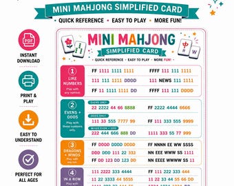 Mahjong semplificato per bambini, carte Mahjong americane stampabili per bambini, mani di Mahjong per principianti, serata di giochi in famiglia, download PDF