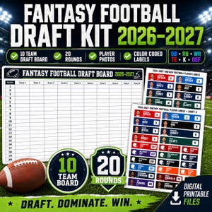 Kit de selección de jugadores para Fantasy Football 2026-2027, tablero de selección de 10 equipos, pegatinas de jugadores, etiquetas codificadas por colores, descarga digital imprimible.