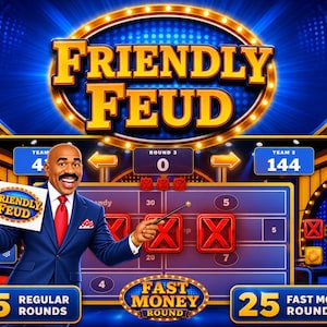 May include: A digital game interface titled Friendly Feud featuring a man in a blue suit and red tie holding a sign with the game logo. The screen displays a game board with scores, red X marks, and text labels for Regular Rounds and Fast Money Round.
