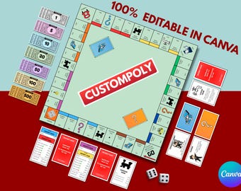 Modèle de Monopoly modifiable | Kit de jeu à imprimer soi-même | Cadeau idéal pour une soirée jeux en famille | Téléchargement instantané