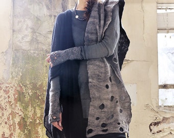 Black & Grey foulard feutré fait en Irlande de Superfine Merino et laine de luxe locale.