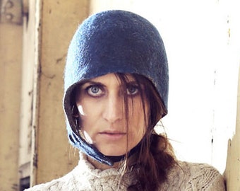 Handmade Felt Hat Blue. Biker's Hat with leather strap. Made in Ireland from Superfine Merino and local luxury wool.
