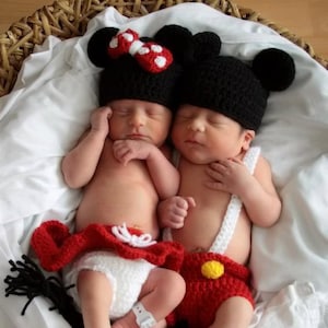 Crochet photo prop 'Mickey and Minnie' inspired sets sizes preemie-3months image 1