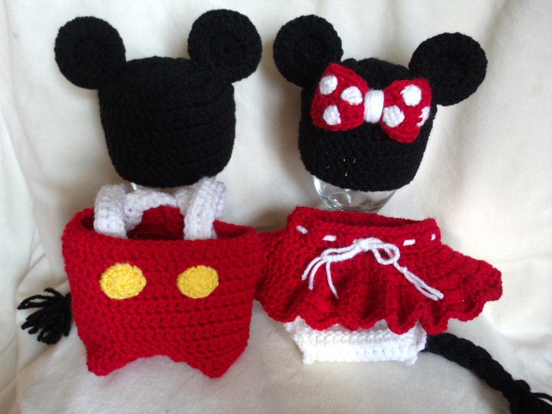 Crochet photo prop 'Mickey and Minnie' inspired sets sizes preemie-3months image 2