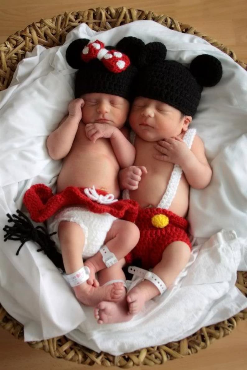 Crochet photo prop 'Mickey and Minnie' inspired sets sizes preemie-3months image 1